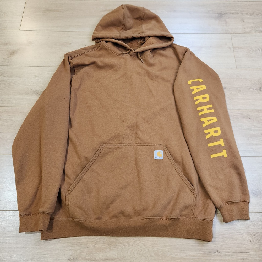 Carhartt Rain Defender Hoodie Mens XLT Brown Loose Logo Sleeve Fleece Sweatshirt